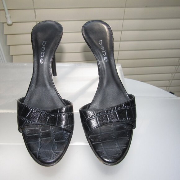 Bebe Black Croc-Embossed Slip-On Stiletto Heels | Sexy Minimalist Mules Size 9M - Picture 3 of 7